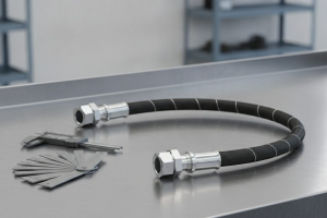 New hydraulic hose assembly with crimped fittings next to a caliper and thread pitch gauge on a workbench
