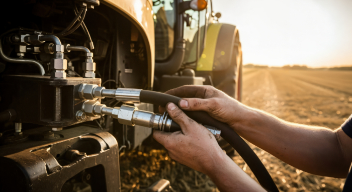 Person connecting hydraulic hoses on agricultural equipment
