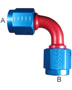 Red/Blue Anodized Aluminum Adapters, Female JIC 37 deg Flare Swivel To Female JIC 37 deg Flare Swivel, 90 deg Elbow