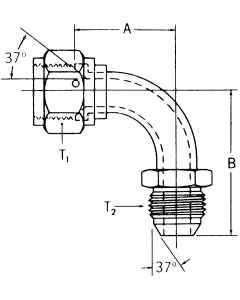 Steel Adapters, Female JIC 37 deg Flare Swivel To Male JIC 37 deg Flare, 90 deg Bent Tube (For pressures thru 4 Heavy Spiral Hose)