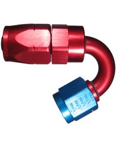 Red/Blue Anodized Aluminum Reusable Fittings for AQP & StartLite Racing Hose, Female JIC 37 deg Flare Swivel, 150 deg Elbow