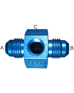 Blue Anodized Aluminum In-Line Fuel Pressure Adapters, Male JIC 37 deg Flare Run To Female NPT Branch, Tee