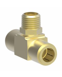 Brass Push>Connect Air Brake Tube Fitting, 0.38 Inch Tube OD Run To 1/4-18 Male NPT Swivel Branch, Tee