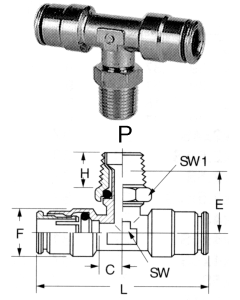 Brass Push>Connect Tube Fittings, Tube Run To Male NPT Swivel Branch, Tee