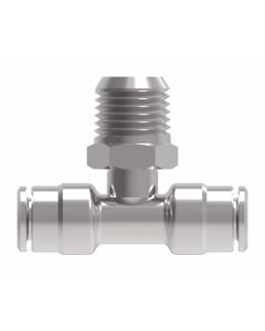 Brass Push>Connect Tube Fitting, 0.25 Inch Tube OD Run To 1/8-27 Male NPT Swivel Branch, Tee