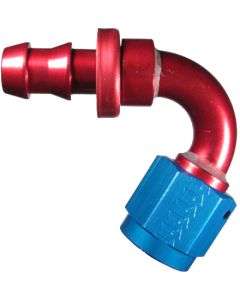 Red/Blue Anodized Aluminum Reusable Socketless Fittings, Female JIC 37 deg Flare Swivel, 120 deg Elbow