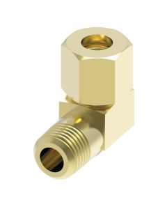 Brass Compression Fitting For Plastic, Copper, & Aluminum Tubing, 0.13 Inch Tube OD To 1/8-27 Male NPT, 90 deg Elbow