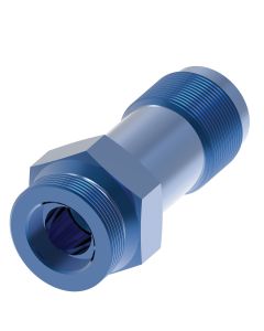 Blue Anodized Aluminum Carburetor Adapter, -08 Male JIC 37 deg Flare To Holley Dual Feed 750 through Dominator 1350 Series and Quadrajet up to 1974 with 7/8-20 thread. Includes crushwasher FBM3516., Long Straight