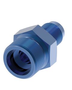 Blue Anodized Aluminum Carburetor Adapter, -06 Male JIC 37 deg Flare To Holley Dual Feed 750 through Dominator 1350 Series and Quadrajet up to 1974 with 7/8-20 thread. Includes crushwasher FBM3516., Straight