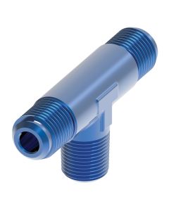 Blue Anodized Aluminum Adapter (AN 825), -06 Male JIC 37 deg Flare Run To Inch Male NPT Branch, Tee