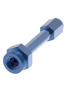 Blue Anodized Aluminum Carburetor Adapter, -08 Female JIC 37 deg Flare Swivel To Holley Dual Feed 750 through Dominator 1350 Series and Quadrajet up to 1974 with 7/8-20 thread. Includes crushwasher FBM3516., Long Straight