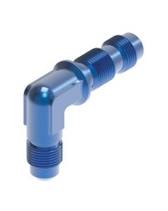 Blue Anodized Aluminum Adapter (AN 832), -03 Male JIC 37 deg Flare To -03 Male JIC 37 deg Flare, 90 deg Elbow Bulkhead