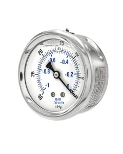 304SS 2.5" 0-30Hg/ 0- -1.0 Bar Liquid Filled Pressure Gauge, 1/4 NPT Center Back Connection