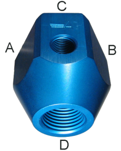 Blue Anodized Aluminum Fuel Block, 1/4, 1/4, 1/8, & 3/8 Inch Female NPT Ports