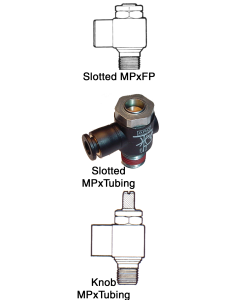 Right Angle Pneumatic Flow Control Valve, 1/4 NPT Male x 1/4 Tubing Ports, 34 Flow Rating