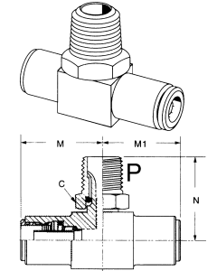 Brass Push>Connect Air Brake Tube Fittings, Tube Run To Male NPT Swivel Branch, Tee