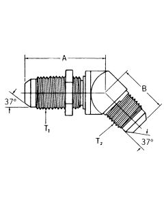 Steel Adapter, 7/16-20 Male JIC 37 deg Flare To 7/16-20 Male JIC 37 deg Flare, 45 deg Elbow Bulkhead