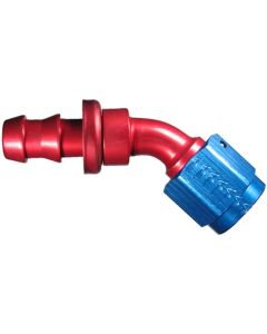 Red/Blue Anodized Aluminum Reusable Socketless Fittings, Female JIC 37 deg Flare Swivel, 45 deg Elbow