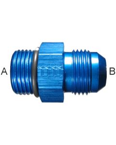 Blue Anodized Aluminum Adapters, Male SAE O-Ring Boss (Straight Thread O-Ring) To Male JIC 37 deg Flare, Straight