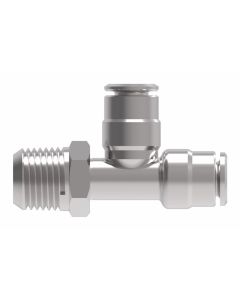 Brass Push>Connect Tube Fitting, 0.38 Inch Tube OD Run & Branch To 3/8-18 Male NPT Swivel Run, Tee