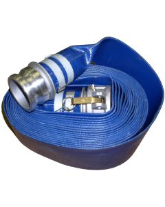 PVC Blue Lay Flat Water Discharge Hose Assembly, 6 I.D. x 50 FT Vinylflow VFL600X300, 40 PSI @ 70°F, Blue Hose, Aluminum female cam & groove coupler (Part C) one end, aluminum male cam & groove adapter (Part E) other end