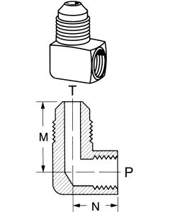 Brass Adapter, 1/2-14 Female NPT To 3/4-16 Male SAE 45 deg Flare, 90 deg Elbow