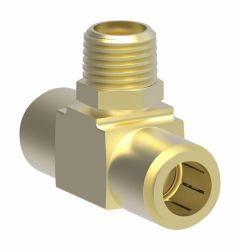 Brass Push>Connect Air Brake Tube Fitting, 0.38 Inch Tube OD Run To 1/4-18 Male NPT Swivel Branch, Tee