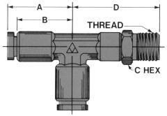 Brass Push-In Tube Fitting, 0.38 Tube OD to 1/4-18 Male NPT Swivel, Run Tee