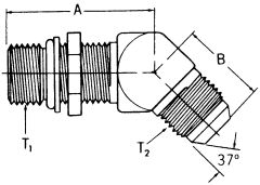 Steel Adapter, 9/16-18 Male SAE O-Ring Boss (Straight Thread O-Ring) To 3/4-16 Male JIC 37 deg Flare, 45 deg Elbow