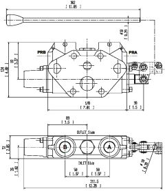 Working section, parallel circuit, 4-way, 4-position, A & B blocked in neutral spring centered, A & B to tank in 4th position, work port valves plugged, not protected clamp lever,  SAE -16 ports (/P12A-PRA.PRB-MLA-F5/S)