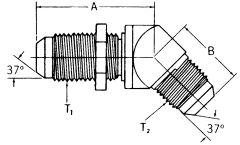 Steel Adapter, 7/16-20 Male JIC 37 deg Flare To 7/16-20 Male JIC 37 deg Flare, 45 deg Elbow Bulkhead