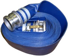 PVC Blue Lay Flat Water Discharge Hose Assembly, 4 I.D. x 50 FT Vinylflow VFL400X300, 70 PSI @ 75°F, Blue Hose, Aluminum female cam & groove coupler (Part C) one end, aluminum male cam & groove adapter (Part E) other end