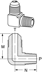 Brass Adapter, 1/4-18 Male NPT To 7/16-20 Male SAE 45 deg Flare, 90 deg Elbow