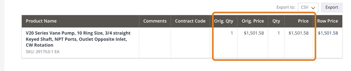 A quote’s line items showing original vs. current quantity and price