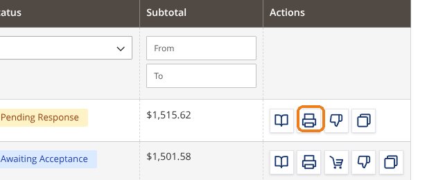 The print icon in the Actions column of the quote list