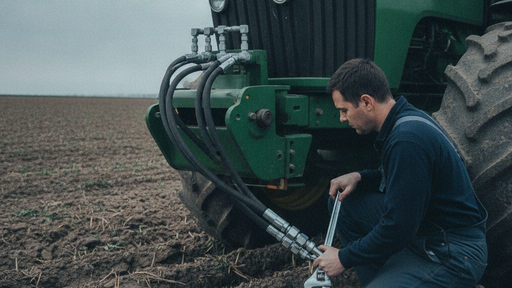 Farmer using a wrench to service the hydraulic hoses, fittings, and cylinder on the rear three-point hitch of an agricultural tractor in a field