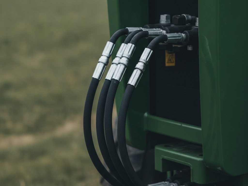 High-pressure braided hydraulic hose assemblies with crimped steel fittings connected to the rear remote couplers of an agricultural tractor in a field