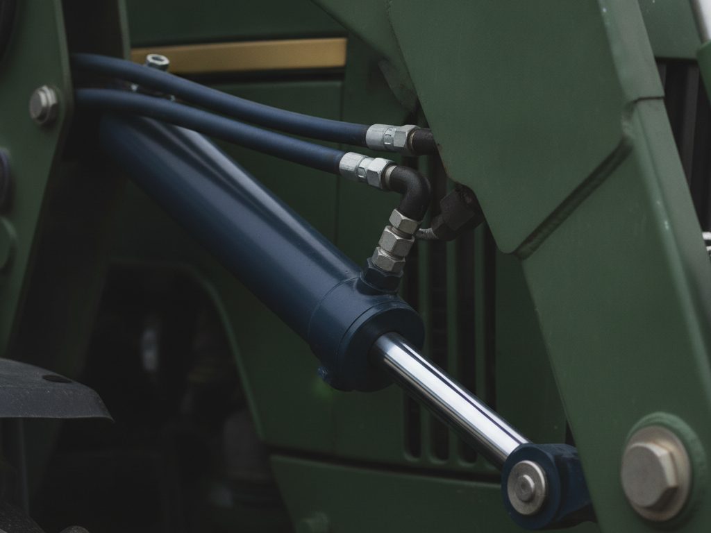 Hydraulic cylinder with a chrome rod mounted on the front loader arm of an agricultural tractor
