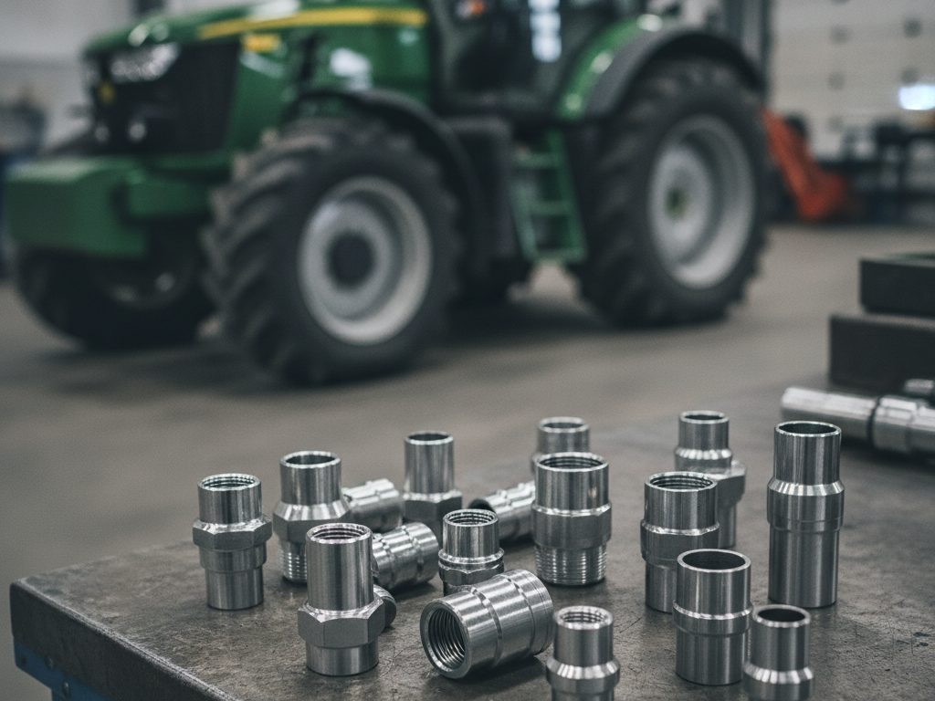 Assortment of steel hydraulic fittings and adapters in JIC and ORFS styles on a workbench with an agricultural tractor in a repair shop behind