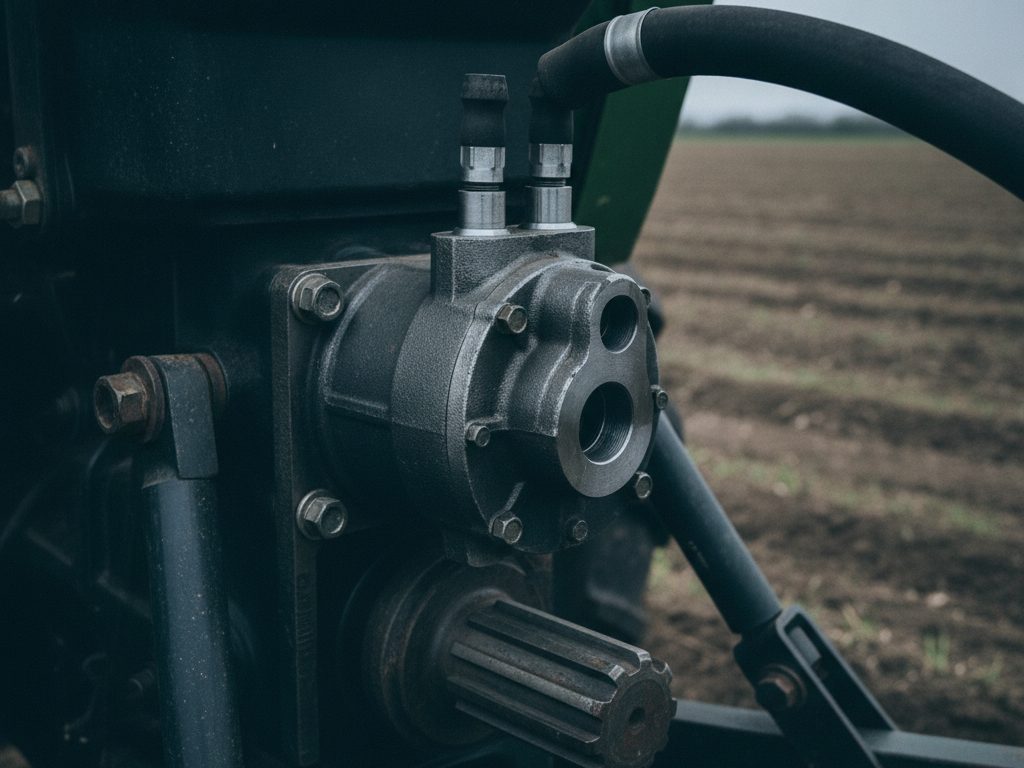 Cast-iron hydraulic gear pump with steel ports and a connected hose mounted near the PTO drive of an agricultural tractor in a field