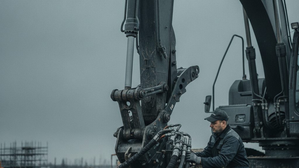 Equipment technician in dark workwear servicing the hydraulic hoses and cylinder on the boom of a gray excavator at a construction site