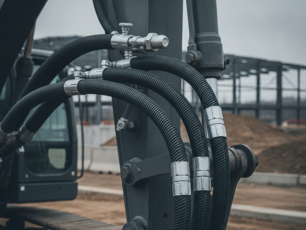 High-pressure spiral hydraulic hose assemblies with crimped steel fittings routed along the boom and arm of a gray excavator on a construction site