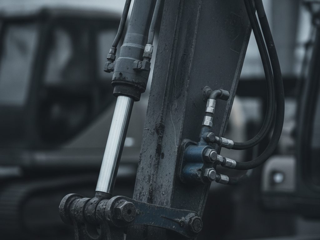 Heavy-duty welded hydraulic cylinder with a polished chrome rod mounted on the arm of a gray excavator