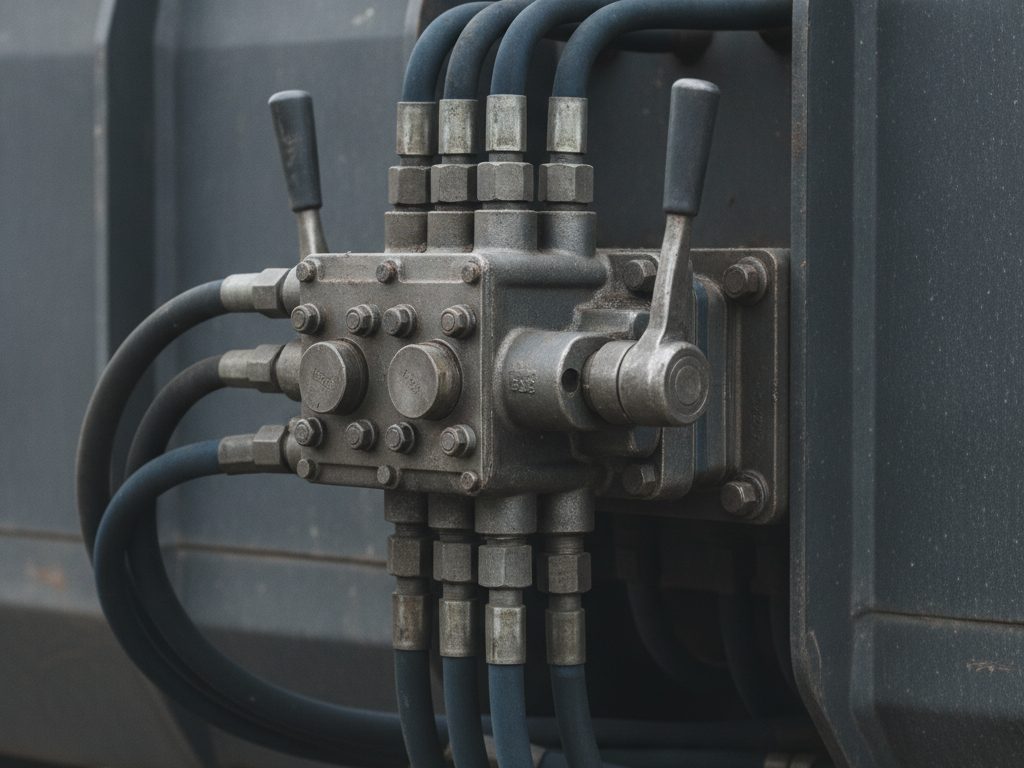 Steel hydraulic directional control valve manifold with control spools mounted on the chassis of gray construction equipment