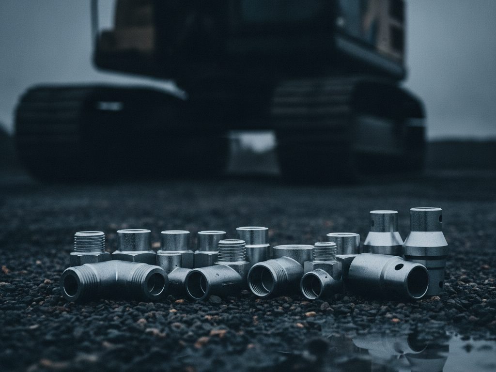 Assortment of steel ORFS and JIC hydraulic fittings and adapters sharp in the foreground with a gray excavator blurred behind on a construction site