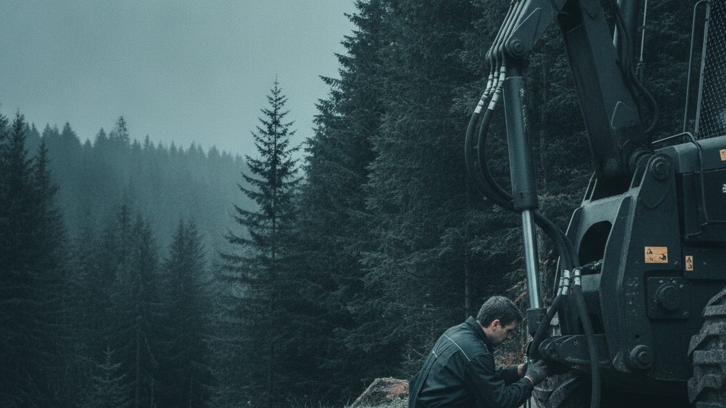 Equipment technician in dark workwear servicing the hydraulic hoses and cylinder on the boom of a gray forestry skidder at the edge of a forest