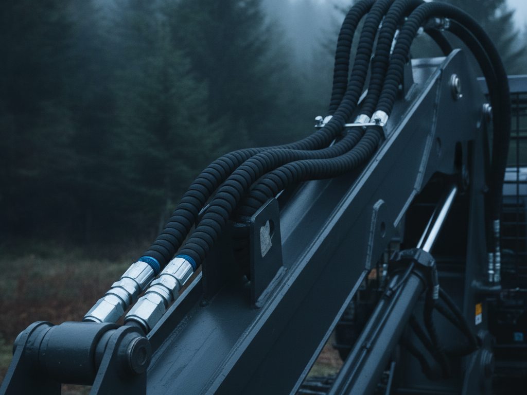 High-pressure spiral hydraulic hose assemblies with crimped steel fittings and abrasion sleeving routed along the boom of a gray forestry skidder in the woods