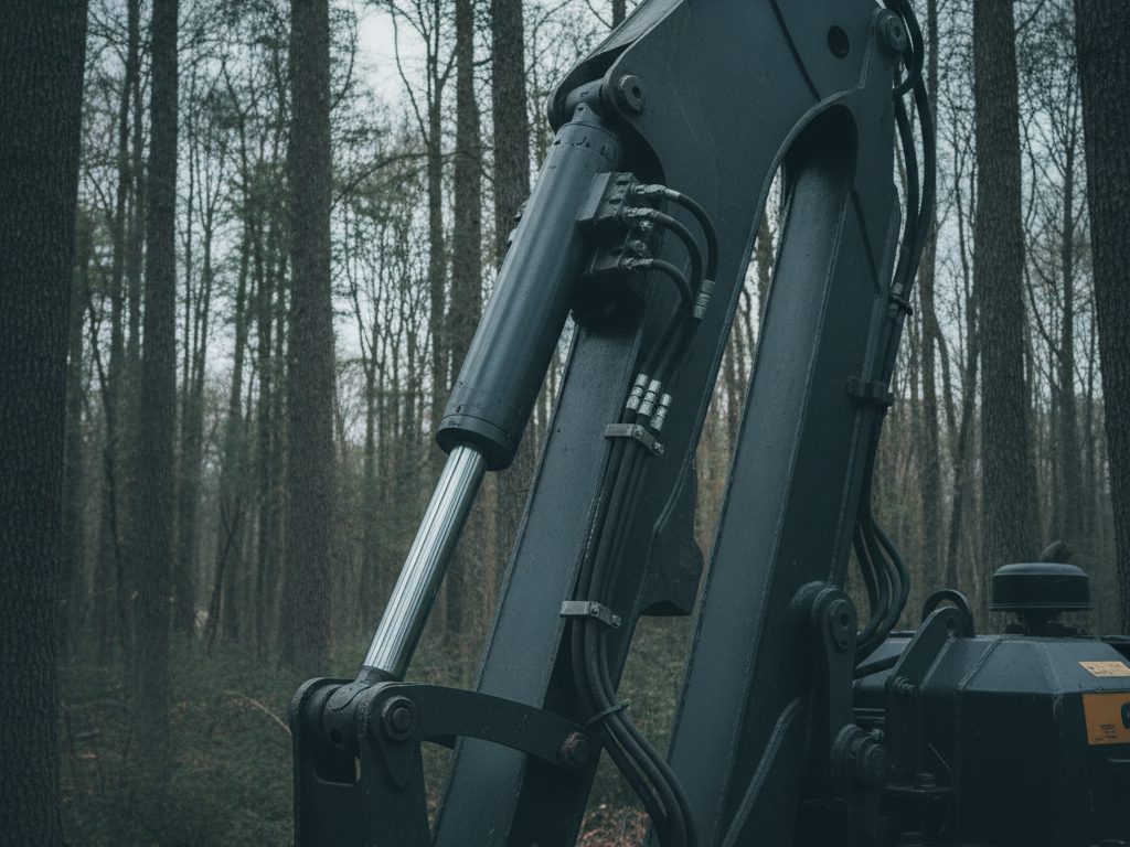 Heavy-duty welded hydraulic cylinder with a polished chrome rod on the boom of a gray forestry feller buncher