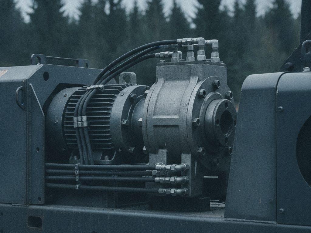 Cast-steel hydraulic gear motor and piston pump with steel ports mounted on gray forestry harvester equipment in the woods