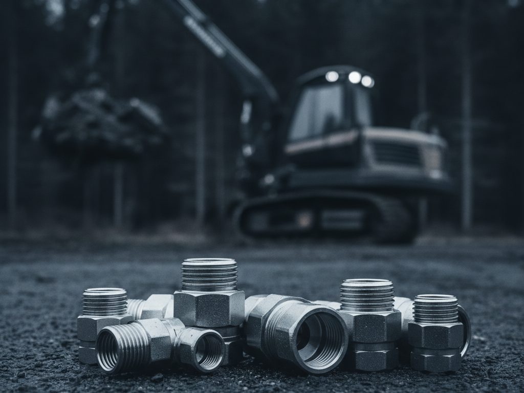 Assortment of steel BSP, ORFS, and JIC hydraulic fittings and adapters sharp in the foreground with a gray forestry harvester blurred behind in the woods